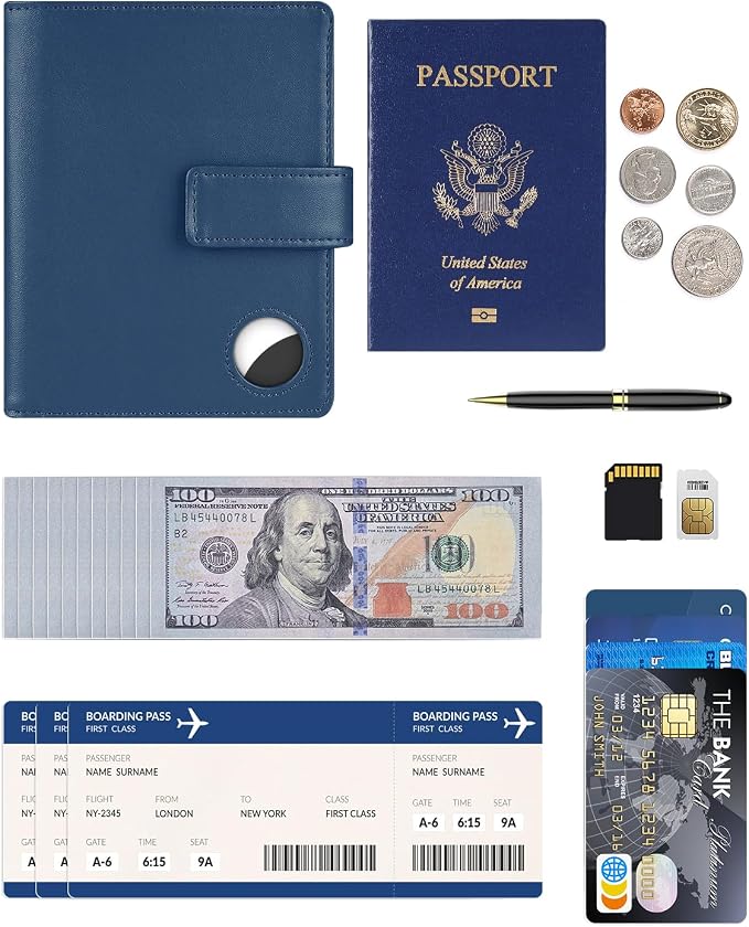 Passport Holder Wallet Cover Case for Women and Men,RFID Blocking,Passport Case with AirTag Slot,Travel Accessories (Navy Blue)
