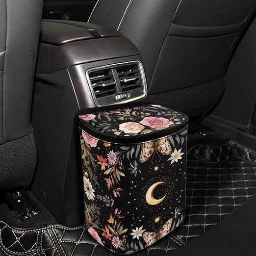 Daisy Moon Print Cars Trash Can with Lid Car Garbage Can Car Waste Basket, Leak-Proof Cars Trash Bin, Van Truck Trash Hanging Sedan Accessories Interior Organizer Bag