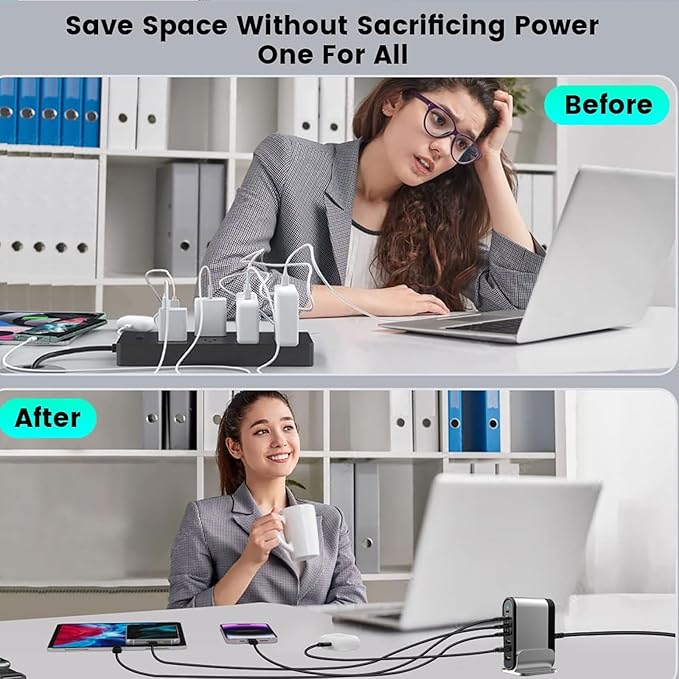 USB C Fast Charger : 6 Port Desktop Multiple Devices Power Adapter for Laptop MacBook Pro/Air, DELL, Tablet iPad Pro/Air, iPhone 16/15/14, Galaxy S23/22