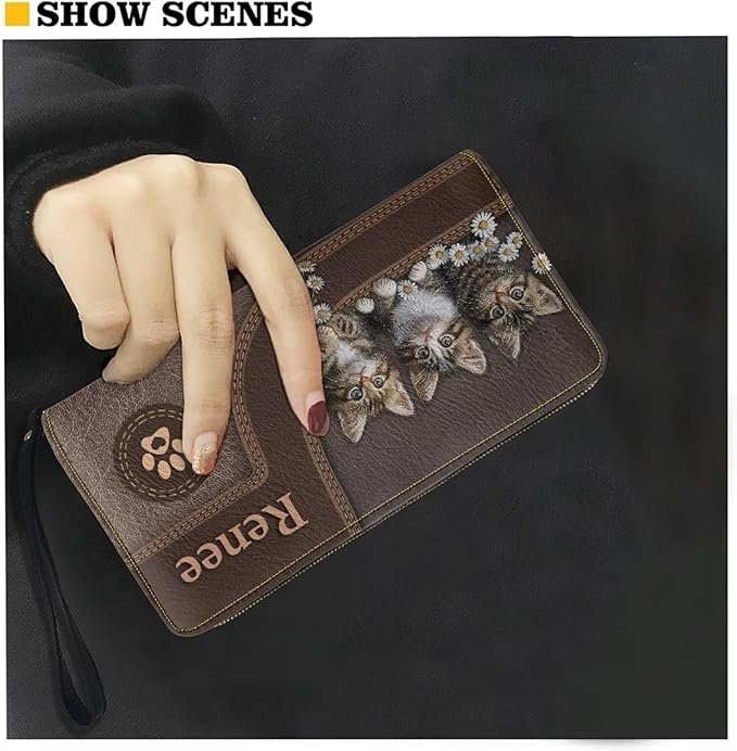 Bulopur Custom Wallet with Name for Women Cute Cat RFID Wristlet Wallets Zip Around Cash Slim Compact Clutch Long Credit Card Holder PU Leather Handbags Gifts for Cat Owner