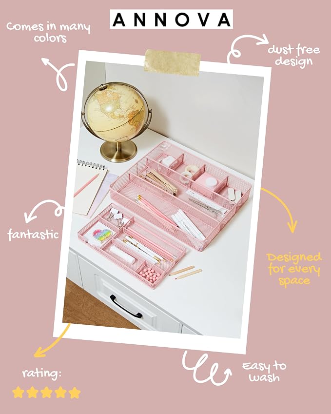 Annova Desk Top Organizer Tray for Office Organization - Metal Mesh - Storage Tray with Dividers for Pens, Desktop Accessories, Bathroom, Kitchen, Makeup and Office Supplies (Large, Light Pink)