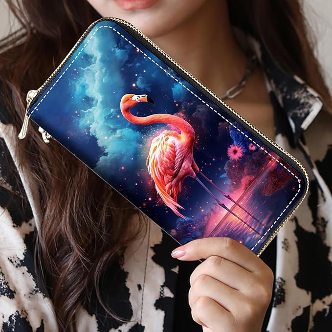 Women's Large Capacity Wallet, Portable PU Leather Zipper Wallet for Smart Phone/Card/Coin/Cash, Multifunctional Clutch Wallet with Removable Wristlet Strap - Flamingo