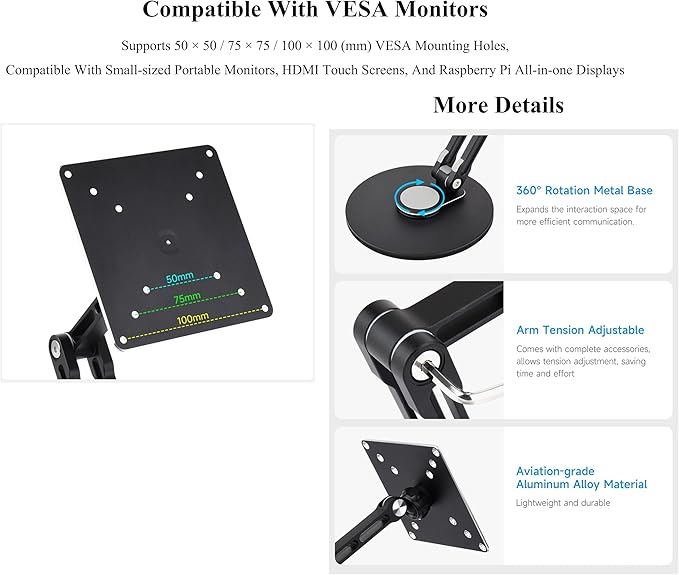 VESA Monitor Stand, Compatible with Up To 19inch Monitors, Supports 50 x 50 / 75 x 75 / 100 x 100 (mm) VESA Mounting Holes,Supports Multi-axis Rotation, Portable Adjustable Foldable