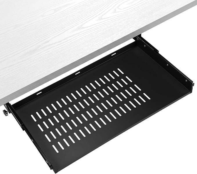 Sliding Under Desk Laptop Mount Shelf with Air Vents 21'' W x 12'' D Metal Under Desk Slide Out Tray Laptop Storage Tray for Home Office Standing Desks Workstations Cabinet Gaming