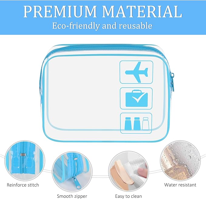 Sogiv 3Pcs TSA Approved Clear Travel Toiletry Bag, Unisex, White+Blue+Pink, 8.3 x 6.3 x 2.4 inches, Waterproof, Easy to Clean, Cosmetic Case, Travel Organizer
