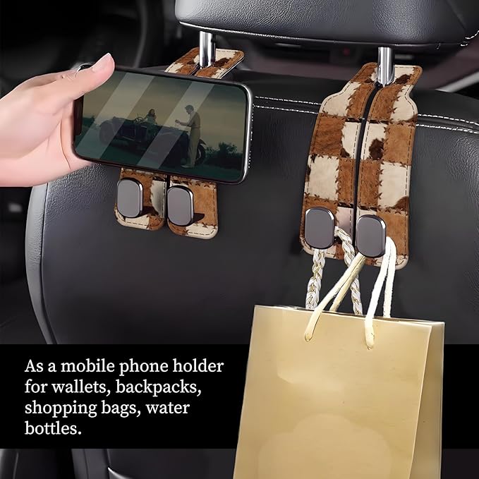 Car Seat Headrest Hook, Universal Leather Cute Hanger Holder Hook, Storage Organizer Interior Accessories for Purse Bags Handbag Retro Cowhide Plaid