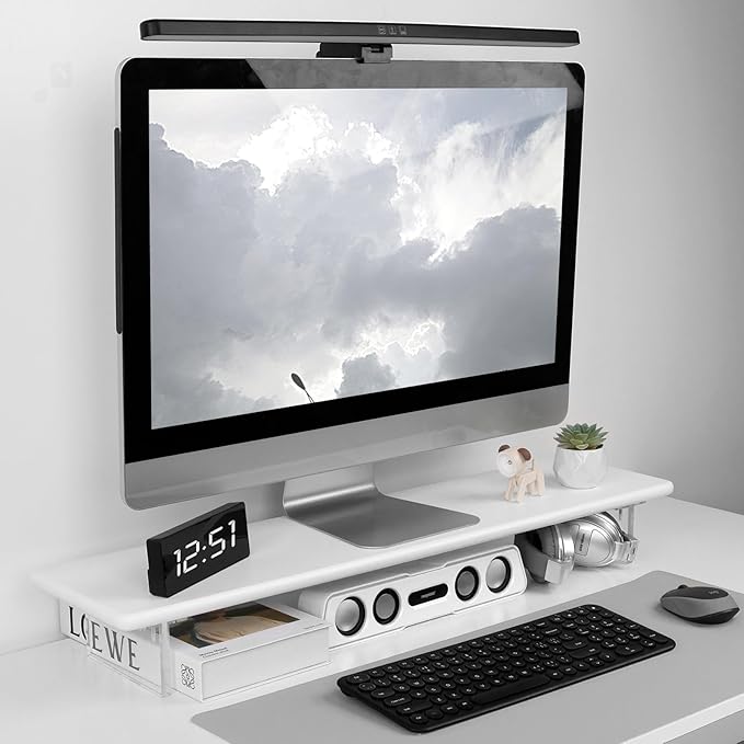 Bamboo Monitor Stand Riser with Acrylic Legs for Desk, 31.5 Inches Desktop Shelf Supports for PC Computer Monitor, Laptops, Printer, Speakers (White)