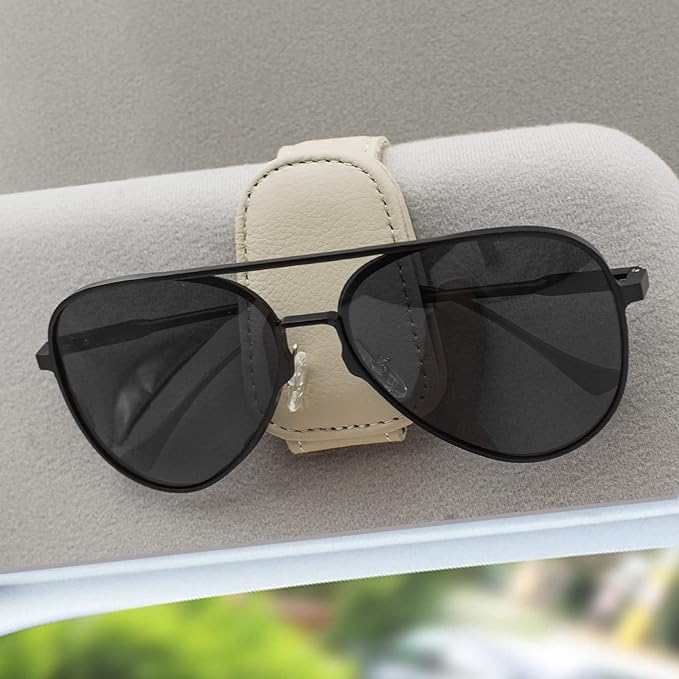 Sunglass Holder for Car, Magnetic Leather Eyeglass Hanger Sunglass Clip for Car Visor, Car Sunglass Holder Organizer Storage, Car Interior Accessories (1PCS, Beige)