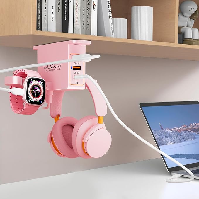 Under Desk Headphone Stand with Charging Station,Dual Headset Hooks, 2 QC3.0 USB A Ports & 20W PD USB C Port, Smart Watch Dock, Cable Management Organizer, Headset Holder Mount for Office Gaming Setup