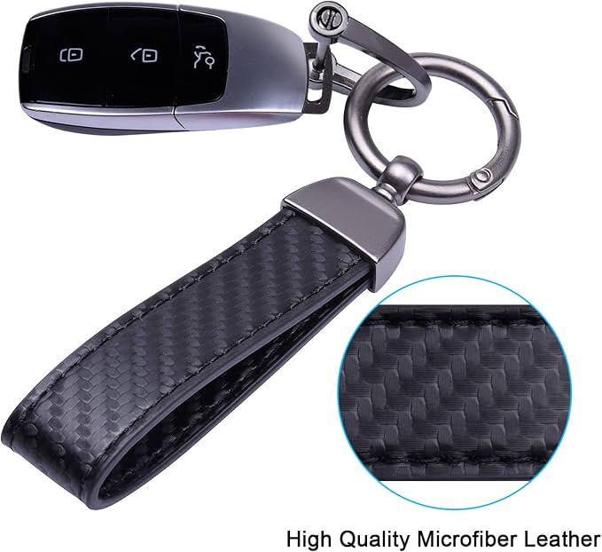 Wisdompro Carbon Fiber Style Car Keychain, Microfiber Leather Key Chain, Universal Key FOB Keychain Holder for Men and Women, with Anti-lost D-ring, 3 Keyrings - Black (with flat connector)