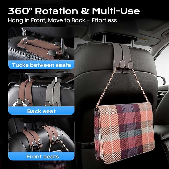 Premium Suede Double Car Headrest Hooks 2 Pack Seat Back Organizer Purse Holder Heavy Duty Metal Auto Interior Storage Clip for Bags(Black)