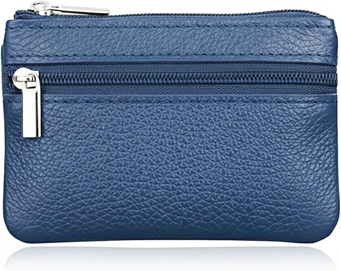 Hibate Blue Small Leather Coin Purse Change Pouch for Women Men Kids with Zip Key Ring