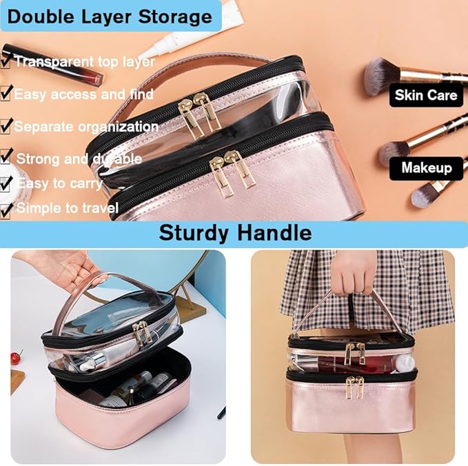 FITINI 3 Pieces Makeup Bags Double Layer Travel Large Cosmetic Cases Organizer Toiletry Bags Waterproof Small Zipper Pouch for Women Makeup Brush Storage Bag,Pink