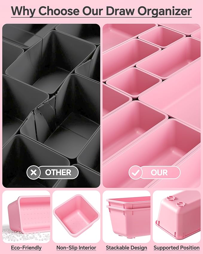 KEMETHY 25 PCS Plastic Drawer Organizers Set, 4 Sizes Vanity Organizer, Makeup and Desk Drawer Organizer Trays, Organization and Storage for Makeup, Bathroom, Kitchen Utensils and Office (Pink)