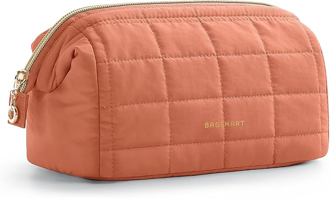 BAGSMART Makeup Bag Travel Toiletry Bag, Puffy Padded Make Up Bags for Women Makeup Organizer Case, Wide-open Pouch Purse Travel Essentials Toiletries Accessories Brushes, Apricot Pink
