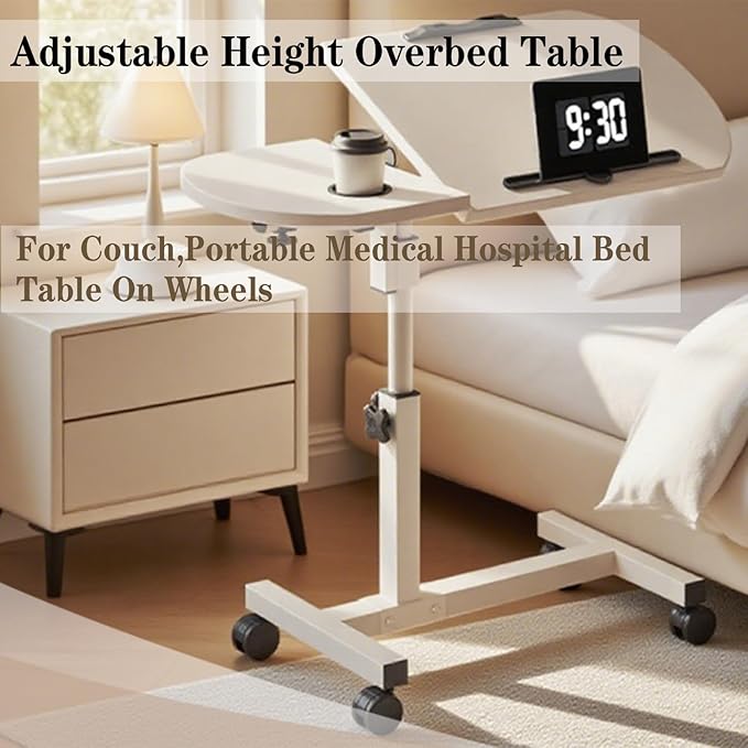Height and Angle Adjustable Overbed Tables Laptop Stand with Wheels for Couch Hospital Over Bed Table Side Tray Tables Laptop Bed Sofa Side Table