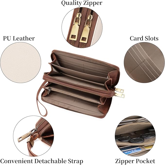 FALAN MULE Wallet for Women RFID Blocking Leather Large Capacity Zip Around Ladies Card Holdr Phone Purse Wristlet