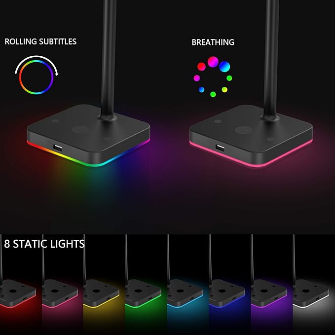 KAFRI RGB Headphone Stand with USB Hub Desk Gaming Headset Holder Hanger Rack with 1 USB2.0 Extension Charging Port Extender Cord - Suitable for Gamer Desktop Table Game Earphone Accessories, Black