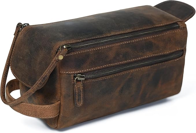 Hindoro Premium Buffalo Leather Travel Toiletry Bag - Unisex Water-Resistant Vintage Travel Pouch Kit, Shaving & Cosmetic Organizer for Men & Women - Compact Bathroom Essentials - Distressed Brown