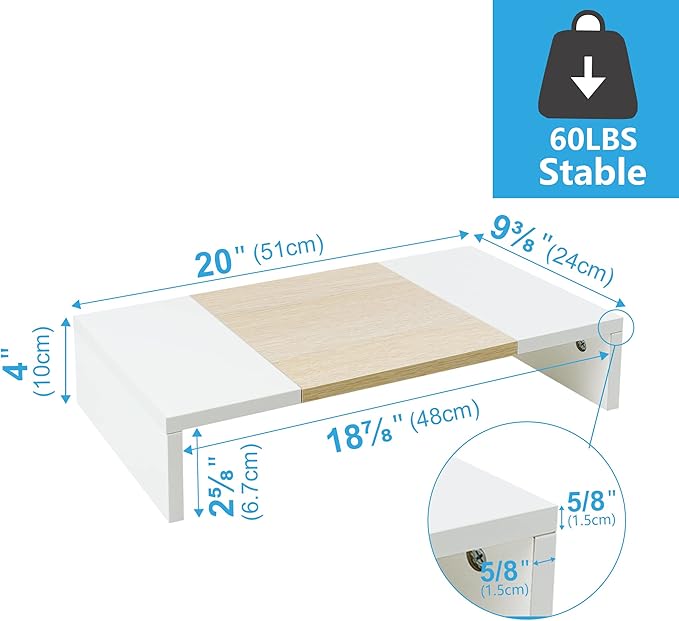 TEAMIX 3 Tiers 20 Inch Desktop Monitor Stand Riser Printer Stand for Desk Organizer (White+Maple)