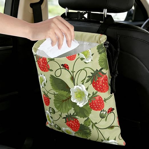 Strawberries and Leaves Car Trash Bag - Waterproof Car Trash Bag Hanging Leakproof Car Garbage Bag - Washable Reusable Trash Bag For Car Interior Hanging Organizer Storage Vehicle Travelling Camping