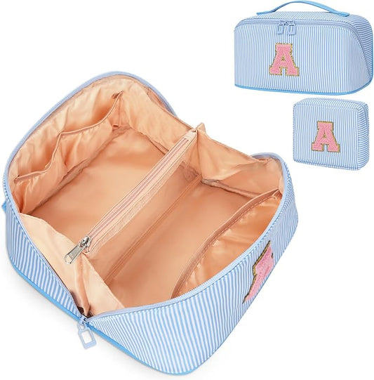 2026 Graduation Gifts - Travel Makeup Bag for Women, 2Pcs Portable Personalized Initial Makeup Organizer Bag, Open Flat Large Cosmetic Bag With Travel Essential Pouch (Blue Letter A)