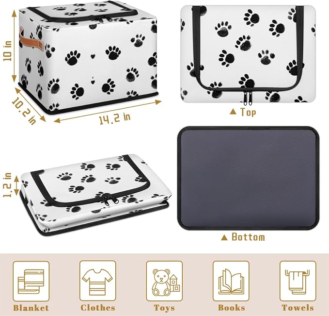 Dogs Footprints Storage Bins With Zipper Lid, Collapsible Trunk Organizer, Car Organizers and Storage Bins with Lids, Decorative Storage Boxes with Handle, Home Storage Baskets for Organizing