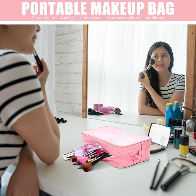 Weewooday 4 Pcs Mesh Makeup Bag Mesh Cosmetic Bag Travel Toiletry Pouch with Zipper Mini Makeup Cosmetic Purse for Daily Accessory(Small, Large, Medium,Pink)