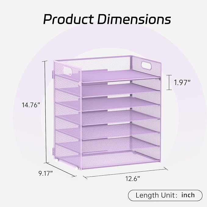 7 Tier Paper Organizer - Mesh Desktop File Holder with Handles for Office School Desk, Black (Purple)