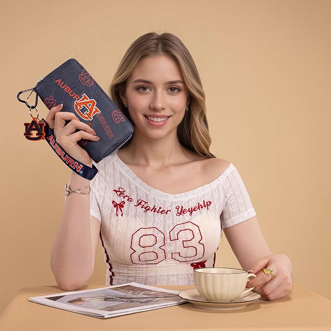 Auburn Wristlet Wallet for Women, Auburn Official Licensed Purse with RFID Blocking Card Slot, Clutch Wallet for Gift, Game Day & Concert (Size: 7" x 1" x 4) | Navy, NC-AU011NY