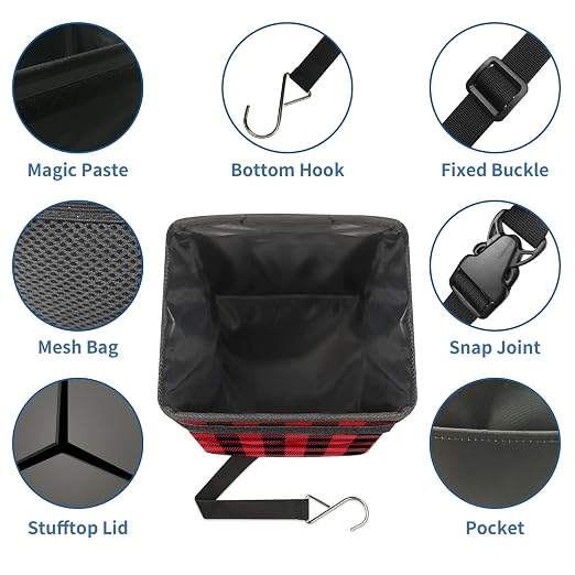 Red and Black Buffalo PlaidCar Trash Can with Lid Collapsible Reusable Waterproof Car Garage Bag,Automotive Garbage Can,Car Accessories Interior Car Organizer