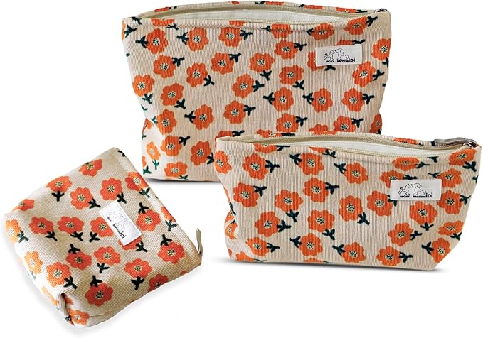 HAPPYHEIDI Makeup Bag Set 3 Cosmetic Toiletry Organizer Zipper Pouch for Purse Tote, Women Girls Gift, Large Medium Small, Beige Orange Floral Corduroy