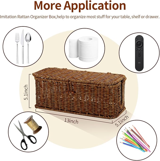 Cable Management Box, Desk Handwoven Rattan Cord Hider Cable Organizer Box With Lid Button Lock, Power Strip Cover Wicker Decorative Basket, Floor Wire Hiding Extension Cord Box (dark brown)