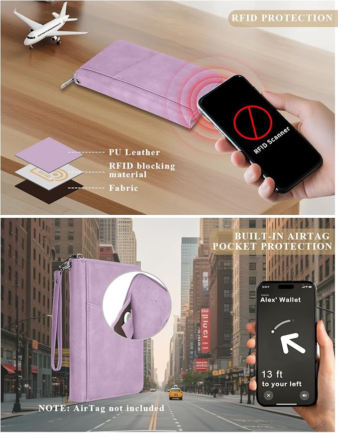 Family Passport Holder Wallet RFID Travel Document Organizer for Women Men, Portable Case Cover for Cards, Boarding Pass with Wrist & Neck Double Strap, Travel Christmas Gifts (Purple, 1pack)