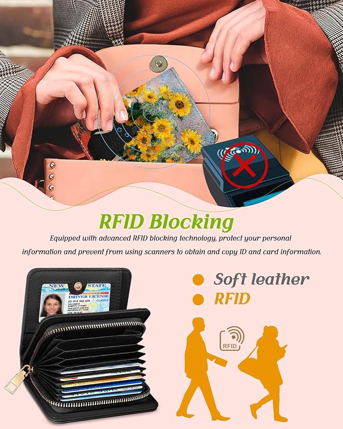 Bistup Credit Card Holder Wallet for Women Cute Leather Ladies Teen Girls Female Cardholder Wallets Accordion Purse Small Medium Aesthetic Print Sunflower Cat Modern Design Rfid Zipper Around