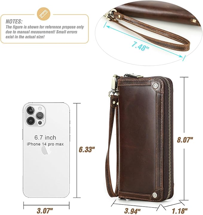 Top Grain Genuine Oiled Leather Clutch Wallet for Man & Woman, Handmade Vintage Design, Multi Pockets & Slots & Detachable Wristlets, RFID Large Capacity for Cards/Checks/Money/Passport, Red Coffee
