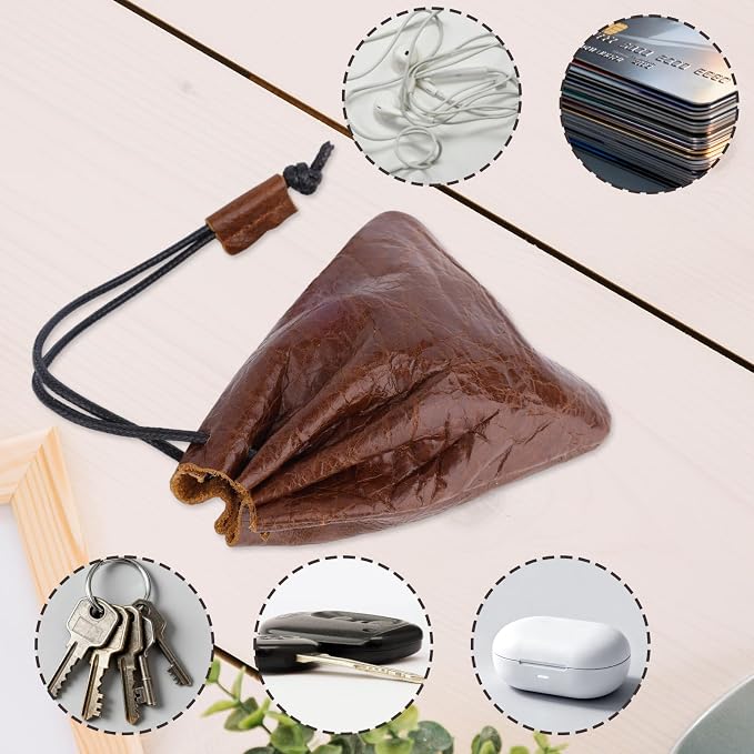 Leather Drawstring Pouch, Cowhide Vintage Leather Storage Bags Pouch Medieval Coin Purse Organizer for Earphone (Brown)