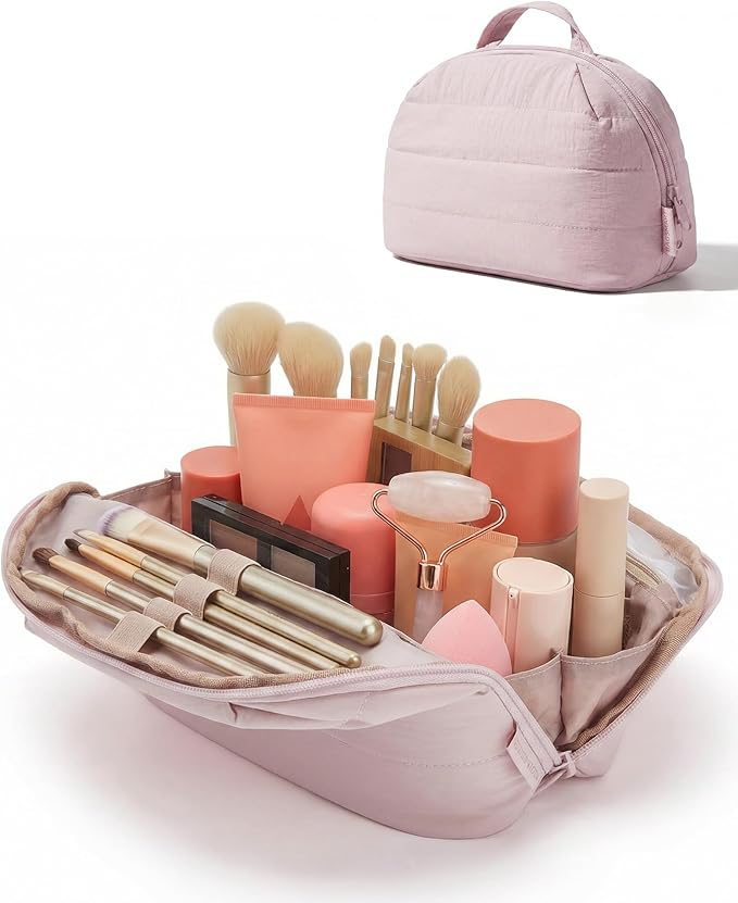BAGSMART Travel Makeup Bag for Women, Portable Fold-down Cosmetic Case, Puffy Padded Make Up Organizer Pouch, Water-resistant Toiletry Bag for Toiletries, Brushes (Baby Pink)