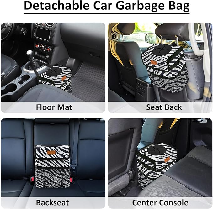 ELONGRIVER Car Trash Can Bin for Back Seat Leak Proof, Cute Car Trash Bag Hanging, Vehicle Trash Can for SUV Truck Van, Automotive Garbage Cans Front Seat Zebra