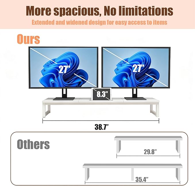 Dual Monitor Stand Riser, 38.7'' Long Wood and Steel Monitor Stand for 2 Monitors, Ergonomic Desktop Organizer with Tablet Stand for Computer,Laptop,TV (White)