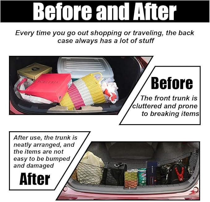Detachable Cargo Net for Car, Expandable 3 Pocket Heavy Duty Cargo Net Organizer with 4 Metal Carabiners, Compatible with SUVs, Cars, Pickup Trucks, Van Trunk Beds