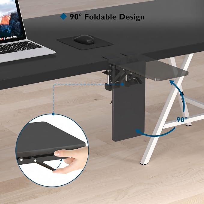 BONTEC Desk Extender Tray, 11.8"x5.9" Table Mount Arm Wrist Rest Shelf, 90°Foldable Elbow Support, Clamp on Computer Arm Rest for Desk, Office & Home Use, Durable & Easy to Install, Black Pattern