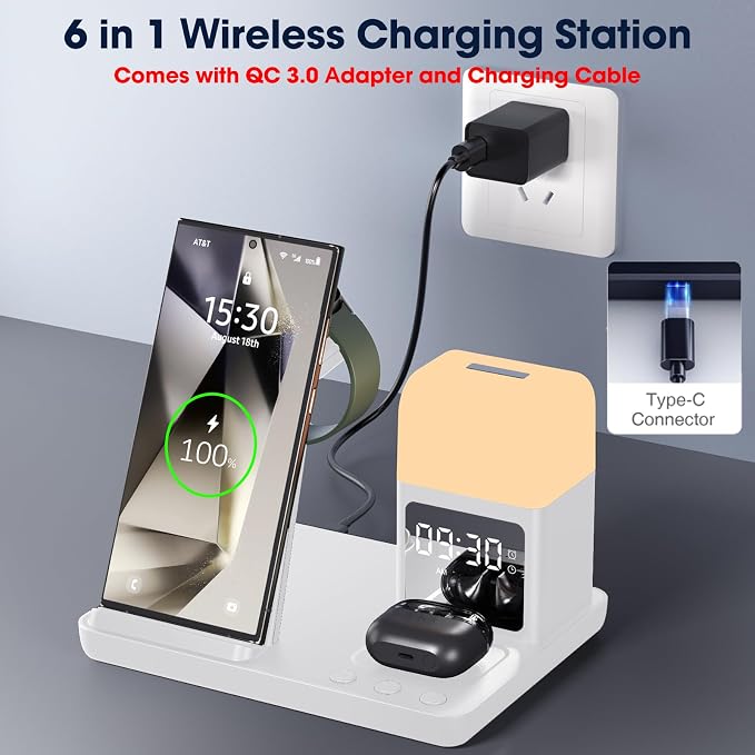 Wireless Charger for Samsung/Android, 6 in 1 Phone Nightstand Charging Station Charger with Alarm Clock/Night Light for Samsung S26/S25/S24 Ultra/Buds4,Watch Charger for Galaxy Watch 8/7/6/5
