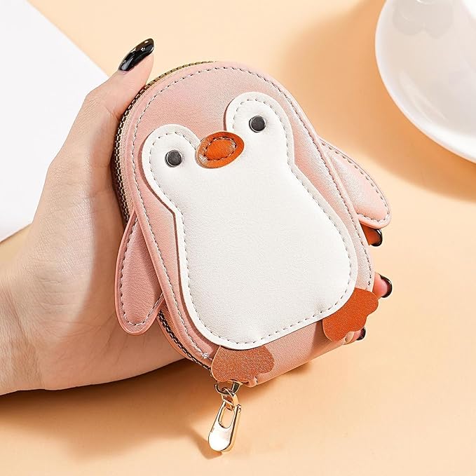 Cute Cartoon Penguin-shaped Coin Purse PU Leather Accordion Card Holder Large Capacity Zippered Money and Card Organizer Portable Mini Coin Purse (pink)