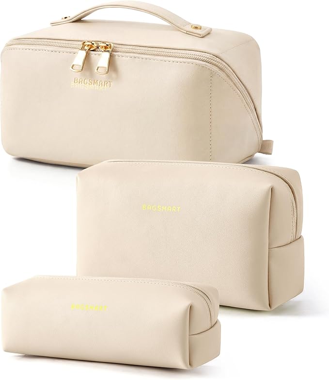 BAGSMART Makeup Bag Travel 3 Pcs Set Cosmetic Bag, Large Make Up Bag Flat Open Toiletry Bag for Women, PU Leather Travel Essentials Organizer Case, Wide-open Pouch for Skincare, Brushes, Cream Beige