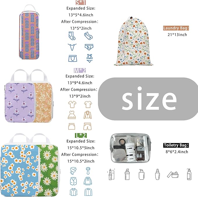 8 Pcs Compression Packing Cubes for Travel, Lightweight Waterproof Luggage Organizer Bags Set, Washable Packaging Cubes for Women Backpack Carry-On Suitcases