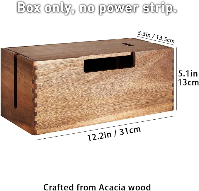 LiTY Acacia Wood Cable Management Box, Wooden Cord Hider & Organizer for Power Strip, Electrical Hiding, TV Wires, Desk & Floor Cables - Office Under Desk Cable Storage Box for Wire