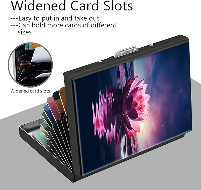 Credit Card Holder, Lotus Flower Design Mini RFID Blocking Aluminum Wallet Slim Metal Hard Case Shell Travel Wallet ID Case Small Credit Cards Case Business Cards for Women Men Girls