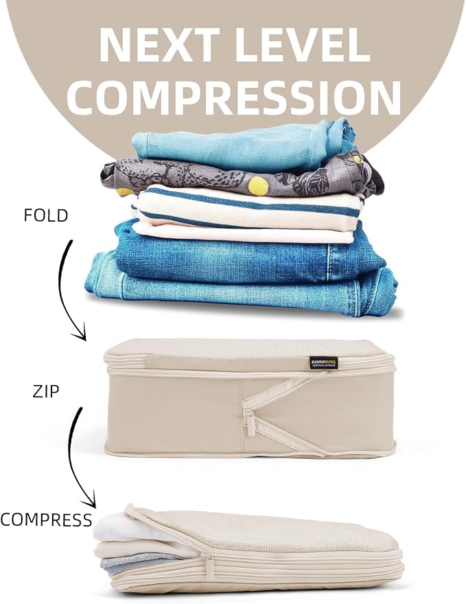 Compression Packing Cubes for Travel, 6-Piece Set (Large/Medium/Small), Double-Zip Luggage Organizers for Suitcase & Carry-On, Clothes Storage Bags (Cream White, 6 Pack)