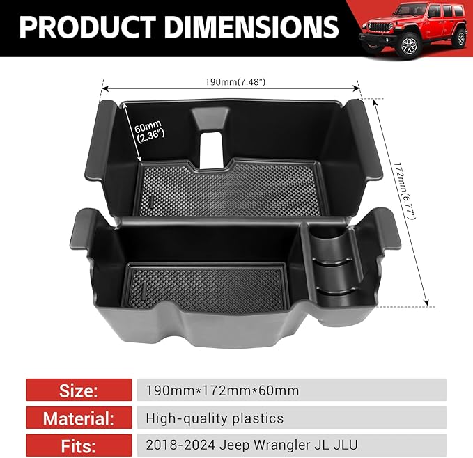 Center Console Organizer Tray Fit for 2018-2025 Jeep Wrangler JL JLU 4XE/Gladiator JT Center Console Armrest Box for Wrangler&Gladiator Accessories(Center Console Armrest Organizer)